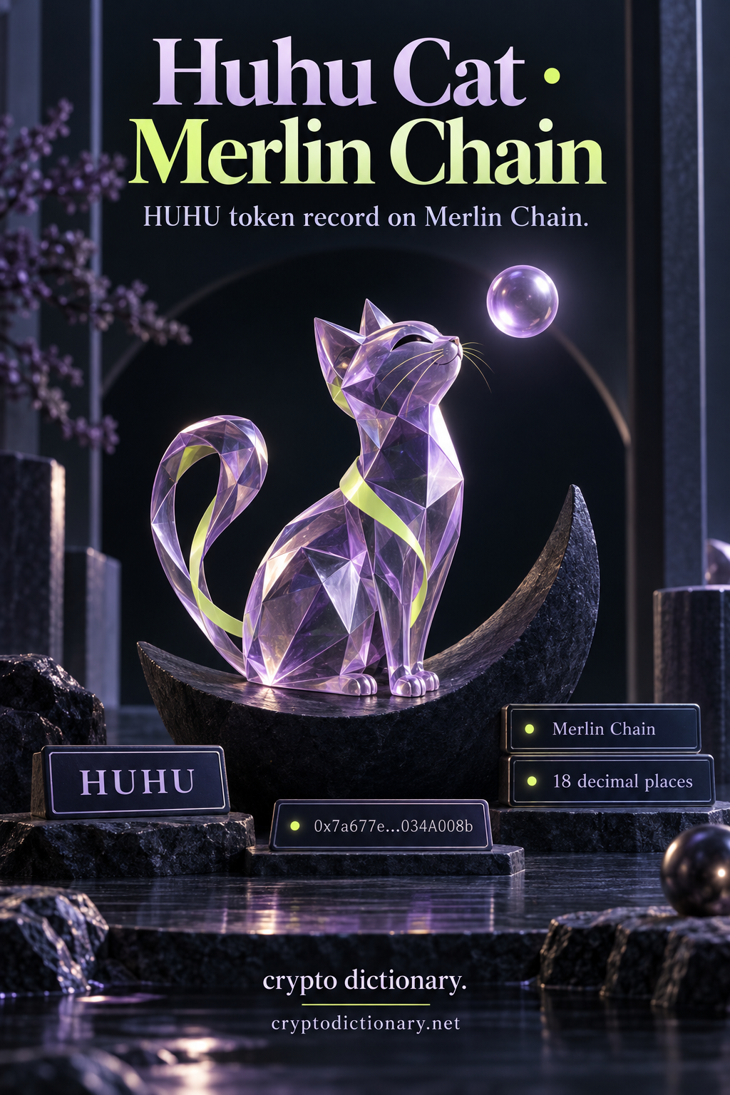 An original faceted lilac glass cat with a lime ribbon on a dark crescent stage looks at an orb beside HUHU, Merlin Chain, 18 decimal places and shortened public address registry labels.