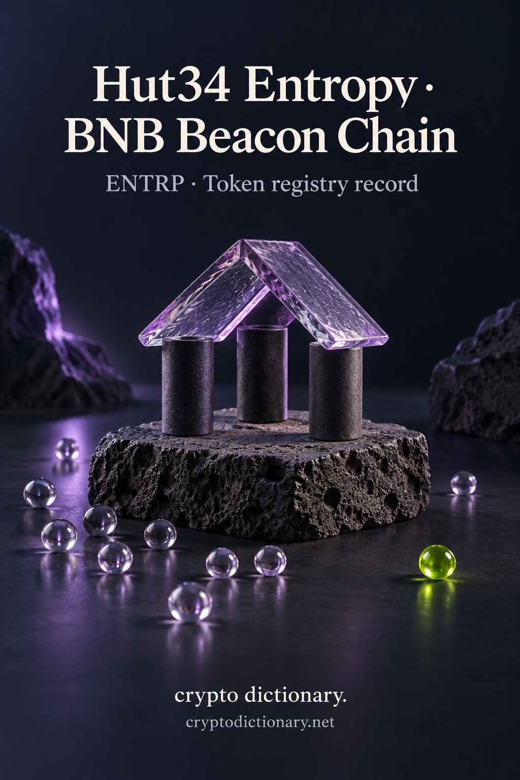 Lilac glass-roofed shelter and irregular glass bead scatter on basalt beneath Hut34 Entropy · BNB Beacon Chain.