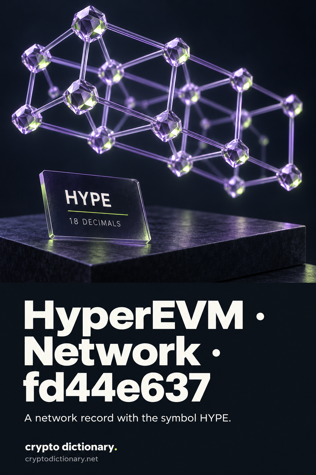 A diagonal floating lilac network lattice with HYPE and 18 decimals identity plaque and full HyperEVM Network fd44e637 title.