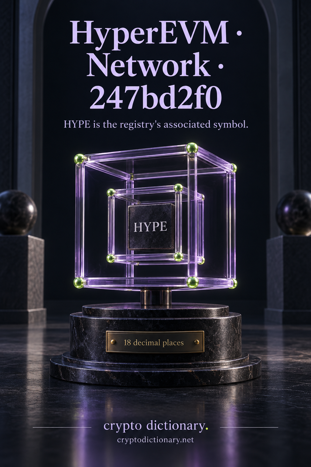 Nested lilac glass network cube frames around HYPE identity, with exact HyperEVM network disambiguator and eighteen-decimal precision.