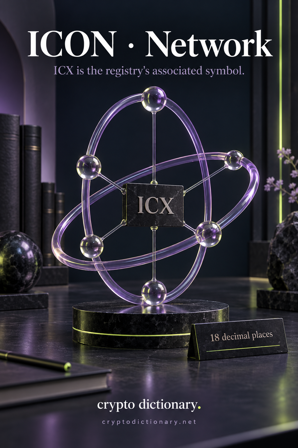 Overlapping lilac ellipse network frames with ICX identity tile and eighteen-decimal registry precision.