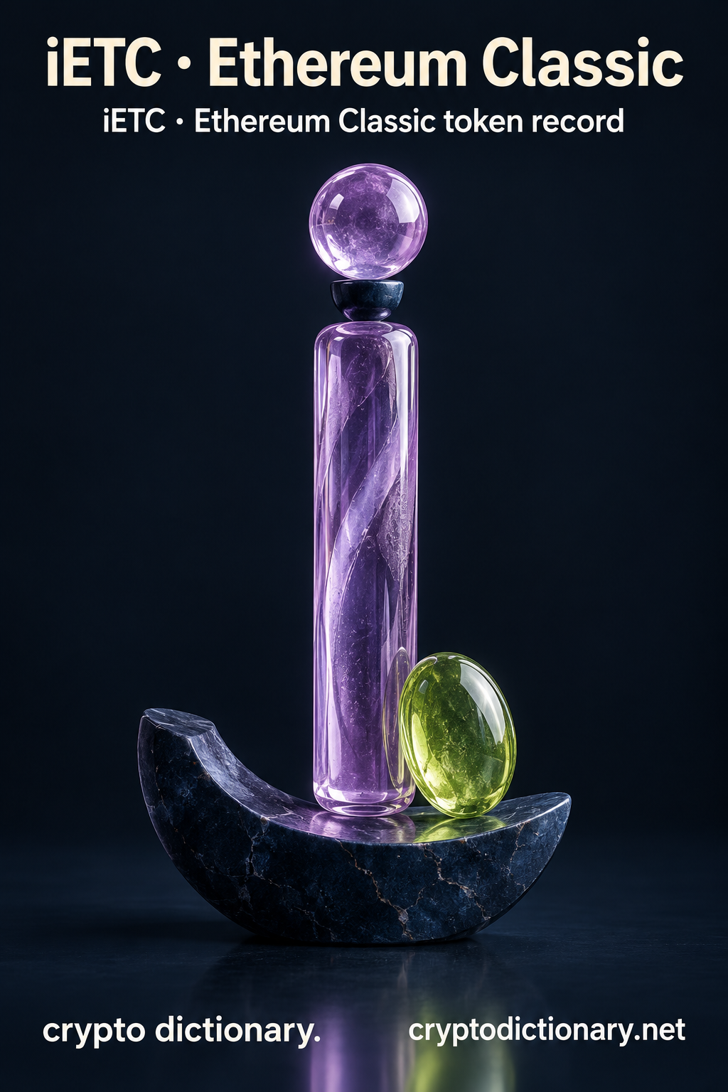 iETC · Ethereum Classic — original lilac glass name-inspired sculpture with accurate iETC token record caption.