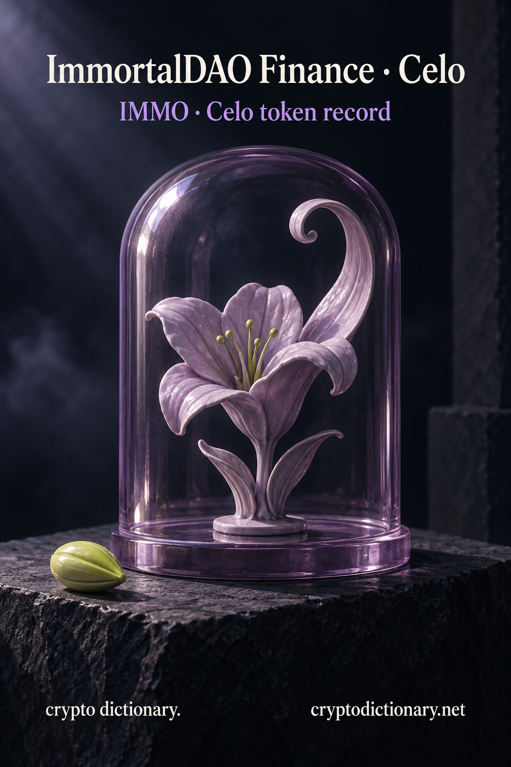 An original lilac ceramic flower with curled petal stands inside a plain lilac glass dome beside a lime seed, below ImmortalDAO Finance · Celo and IMMO token-record caption.