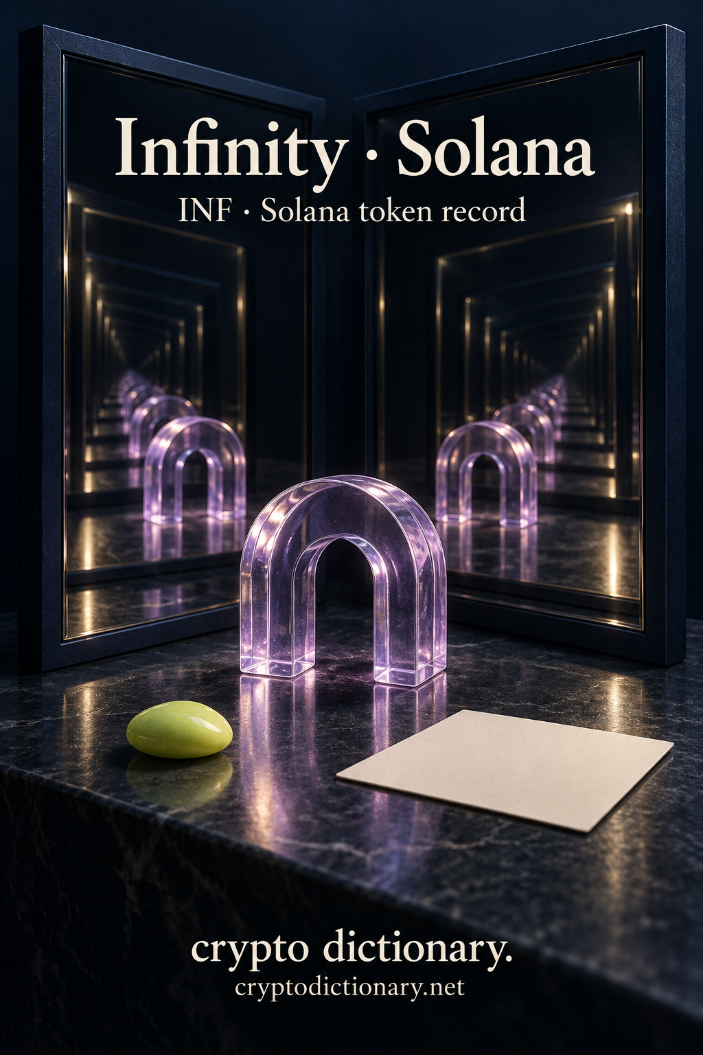 Infinity · Solana above lilac glass arch and repeating mirror reflections, lime pebble and blank card.