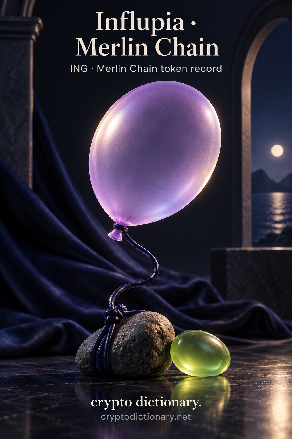 A lilac glass balloon tethered by navy cord to a stone anchor with lime glass oval, moonlit navy alcove; Influpia · Merlin Chain registry artwork.