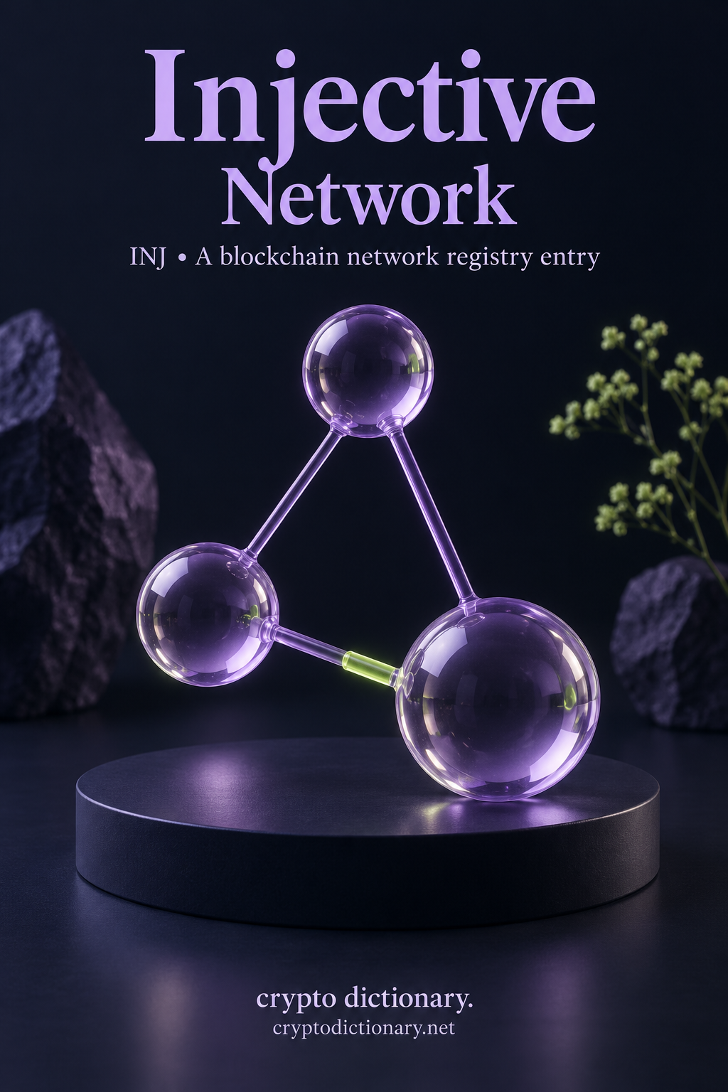 Three lilac glass junctions linked on a navy tabletop illustrate an Injective network registry entry.