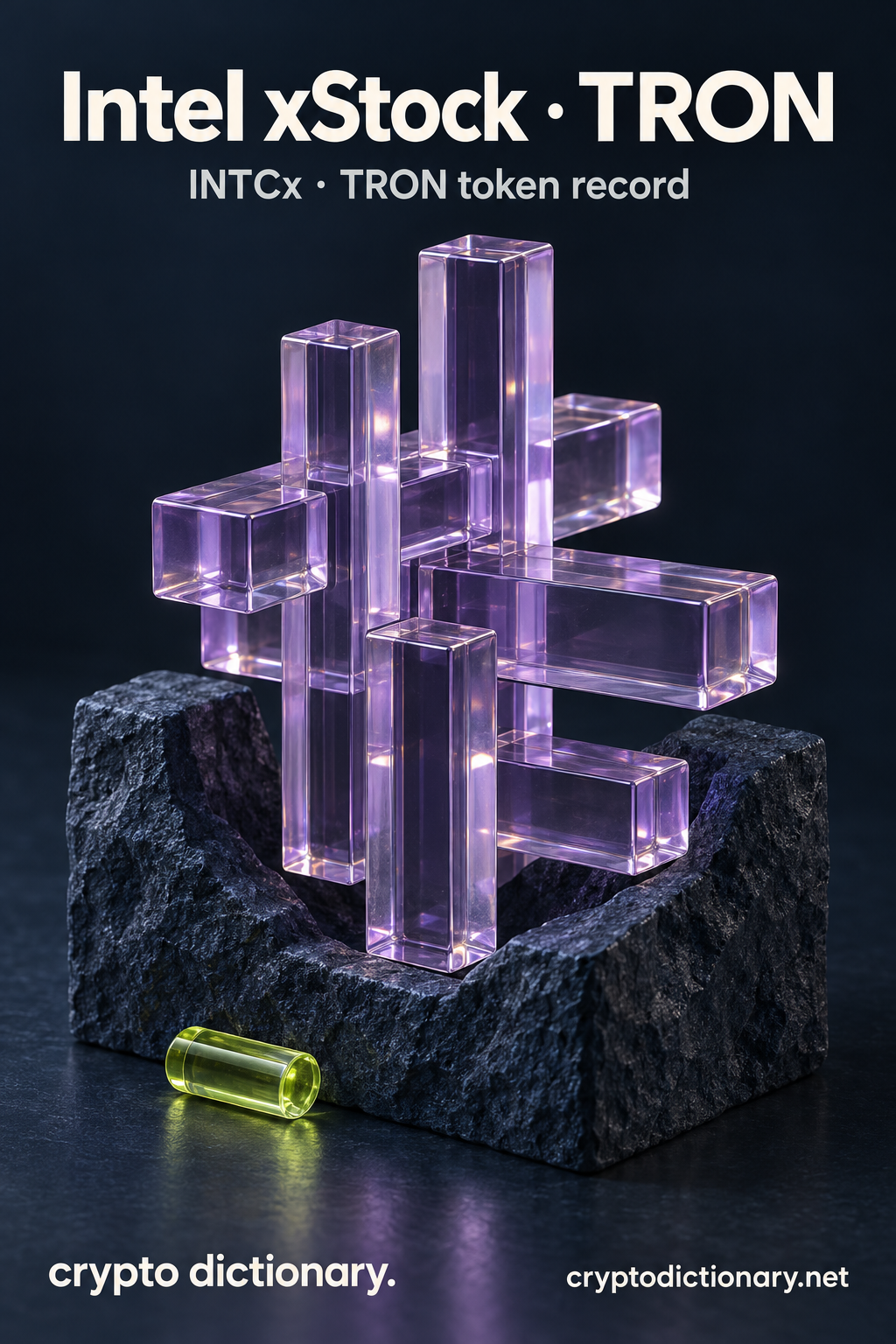 Intel xStock · TRON — original lilac glass name-inspired sculpture with accurate INTCx token record caption.