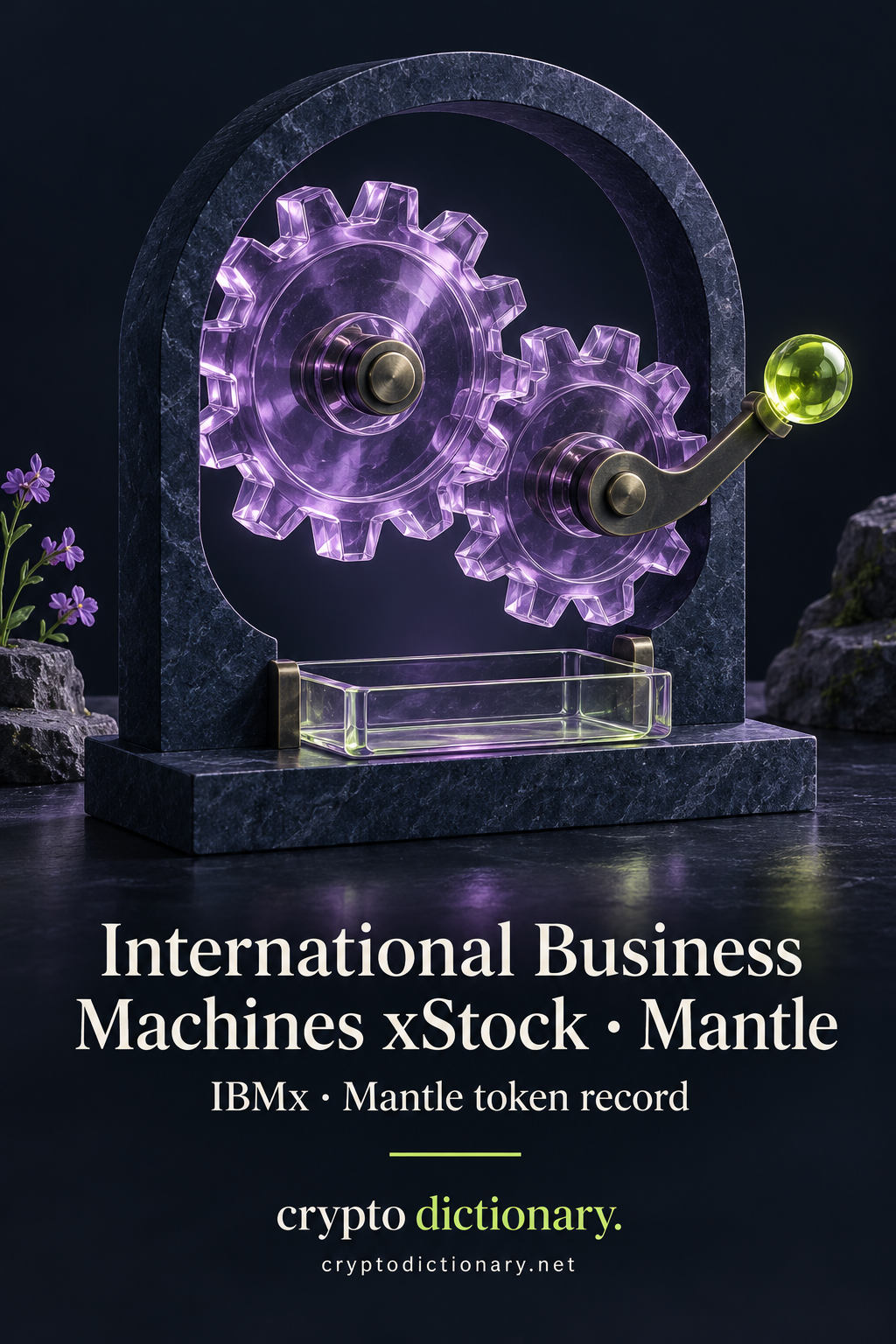 International Business Machines xStock · Mantle — original lilac glass name-inspired sculpture with accurate IBMx token record caption.