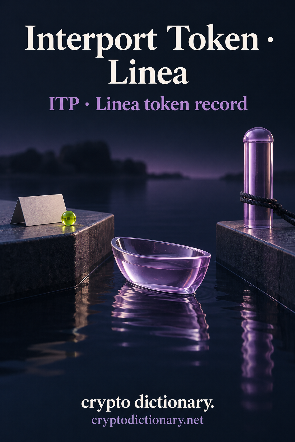 Interport Token · Linea above a miniature navy harbor with a lilac glass bowl, blank archival card and lime bead.