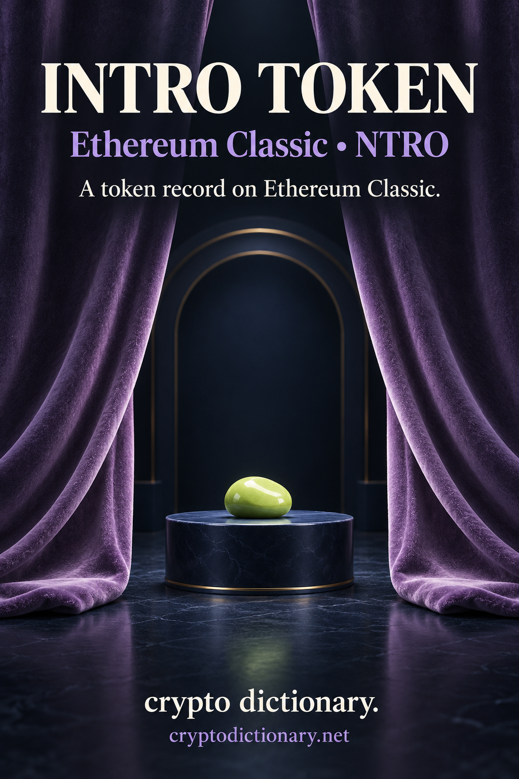 INTRO TOKEN registry illustration on Ethereum Classic with lilac curtains revealing a lime pebble on a navy miniature stage.