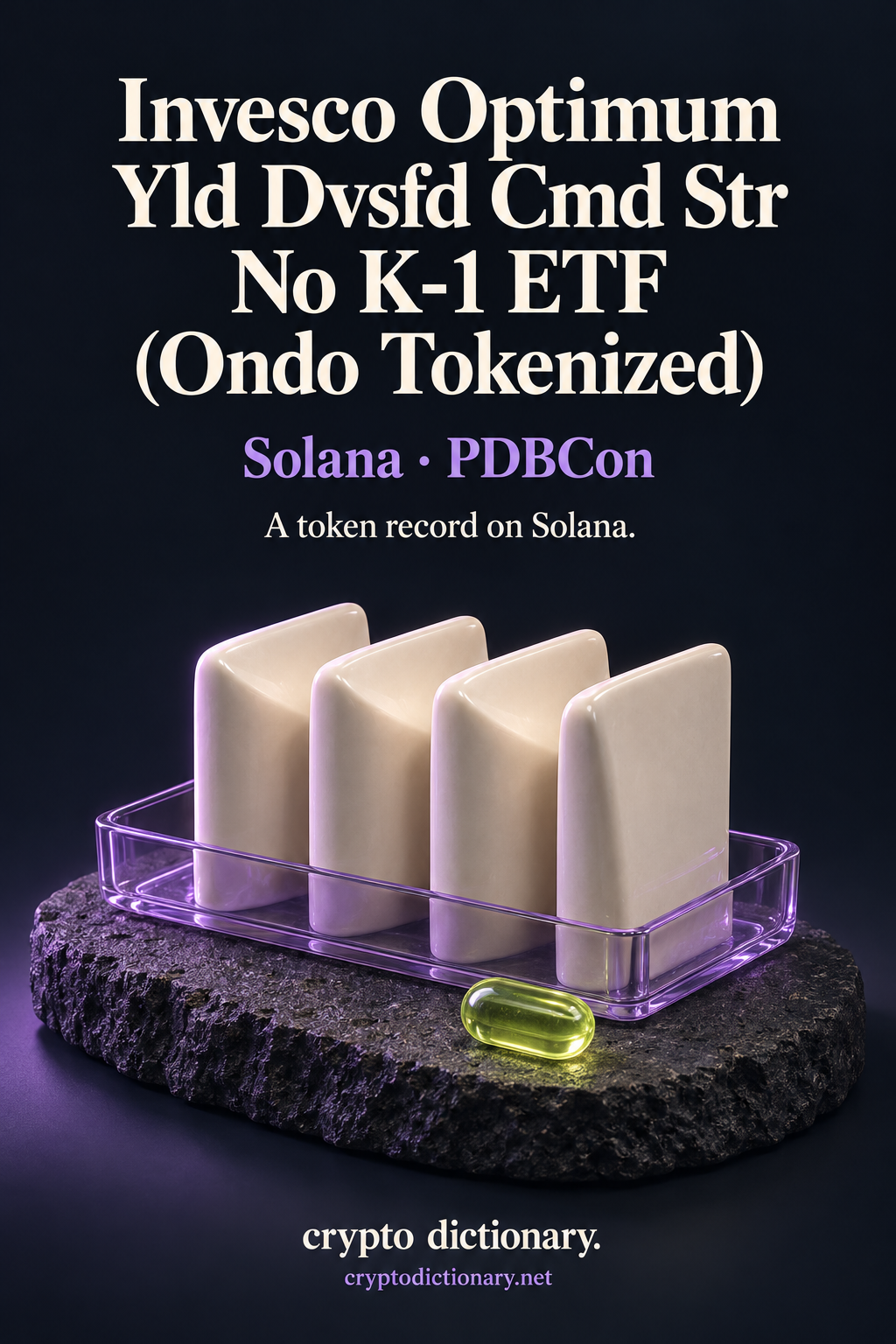 Invesco Optimum Yld Dvsfd Cmd Str No K-1 ETF (Ondo Tokenized) token record on Solana, illustrated by four blank ivory ceramic archival file forms in a lilac glass tray.