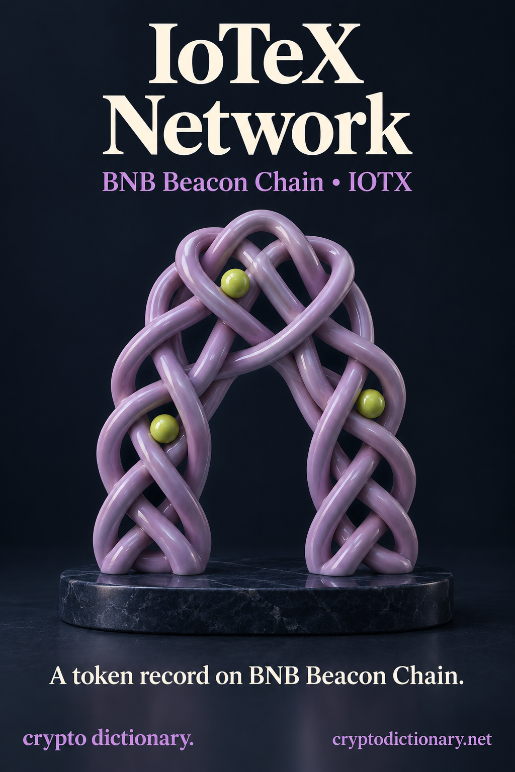 A woven lilac ceramic mesh folds into a freestanding arch with lime beads in its crossings, beside the IoTeX Network BNB Beacon Chain registry identity.