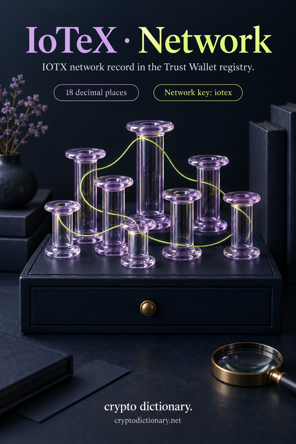 Hollow lilac glass spools connected by a lime catalogue thread illustrate the IoTeX network registry record, symbol IOTX, network key iotex and 18 decimal places.
