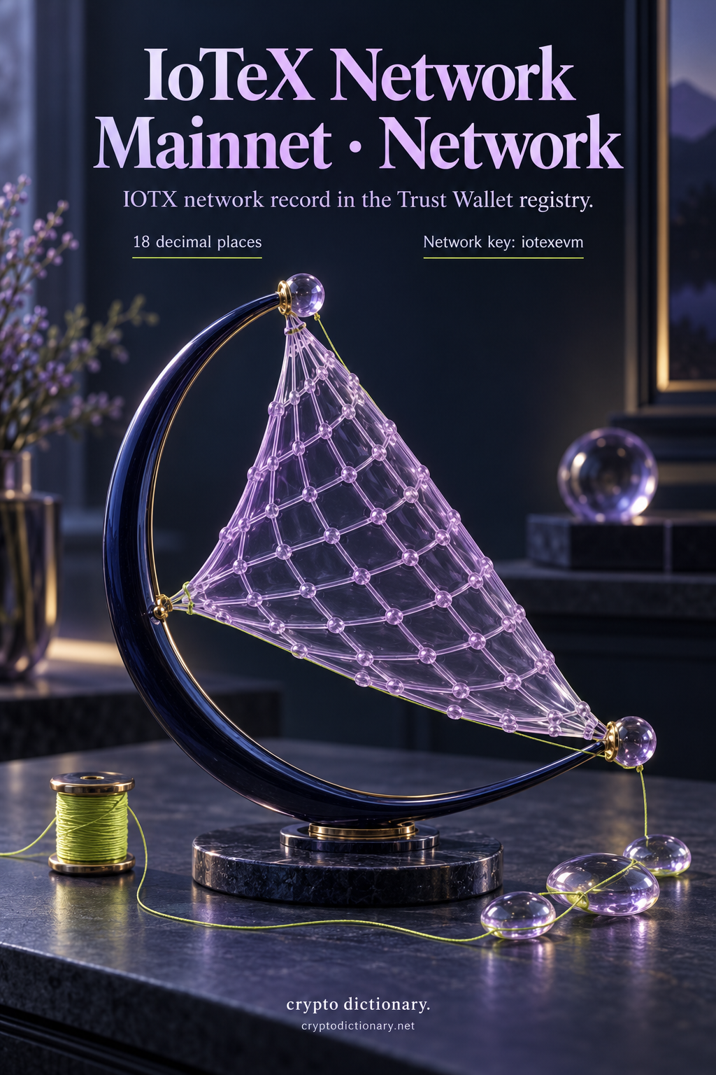 An original lilac glass netted sail on a navy archive frame illustrates the separate IoTeX Network Mainnet registry entry, IOTX symbol and iotexevm network key.