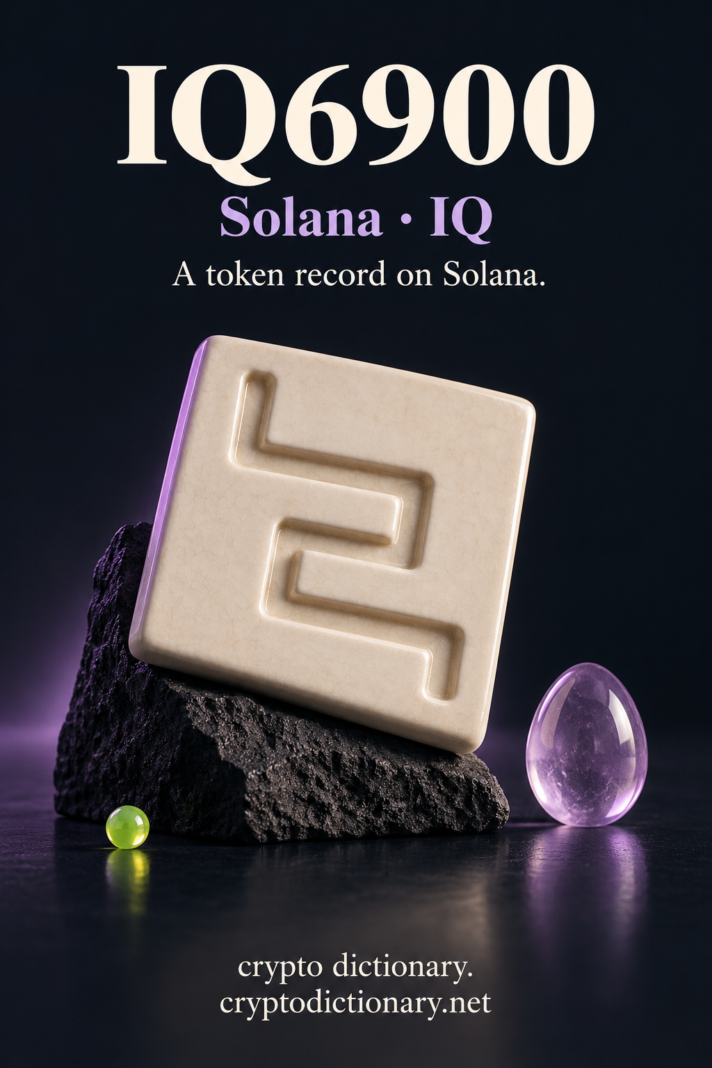 An ivory ceramic maze tile leans on basalt beside a lilac glass egg and lime bead, labeled IQ6900 and Solana · IQ.