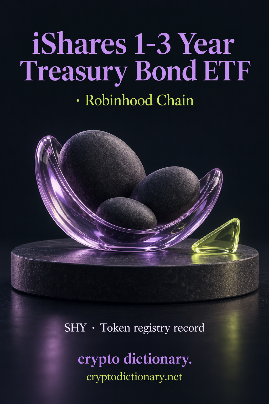 iShares 1-3 Year Treasury Bond ETF · Robinhood Chain token registry artwork with three blank charcoal oval stones in a lilac glass cradle and a separate lime wedge.
