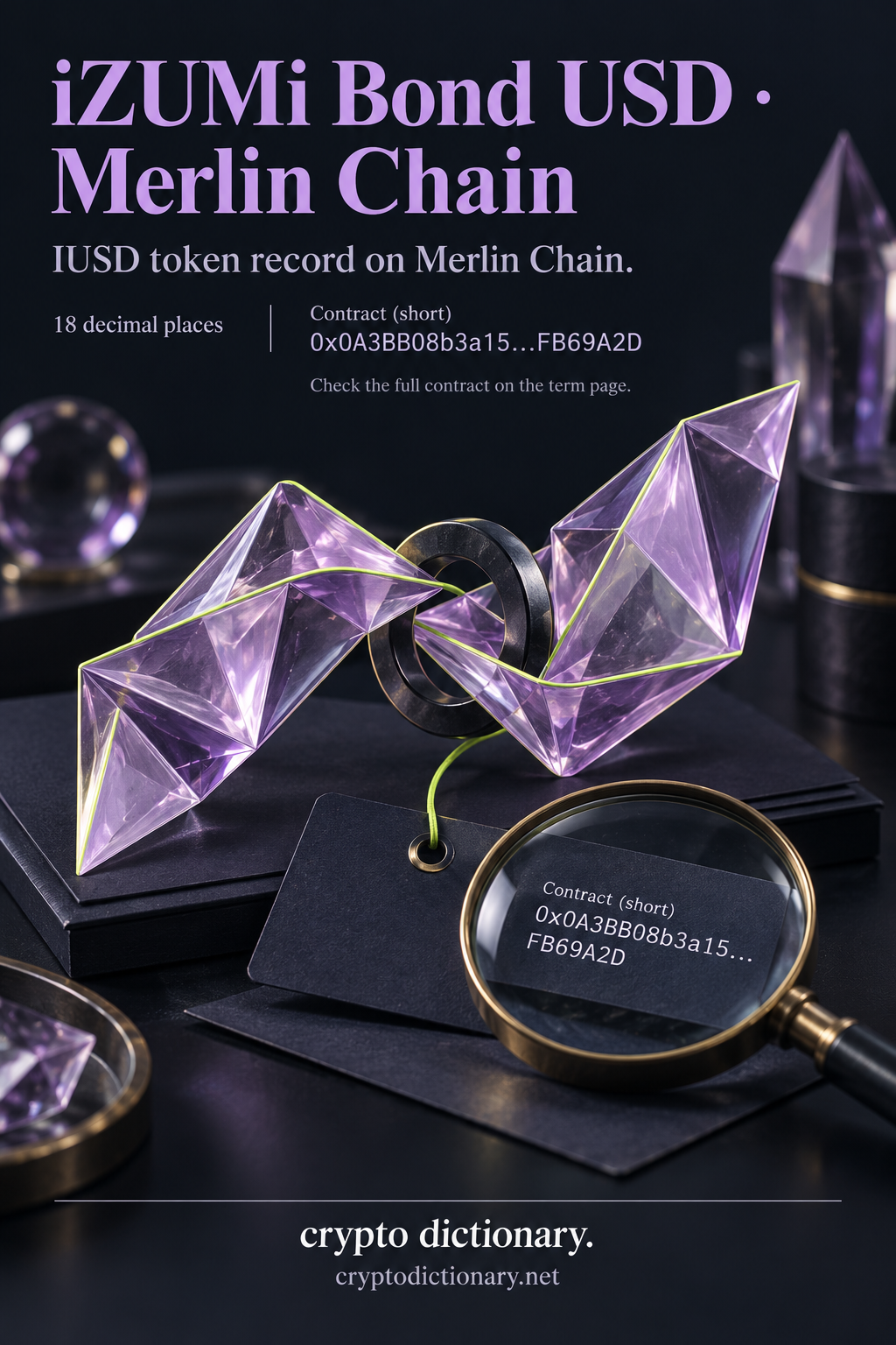 Interlocked lilac crystal origami ribbons and an archive ring illustrate the iZUMi Bond USD IUSD token record on Merlin Chain, with a public contract identification tag.