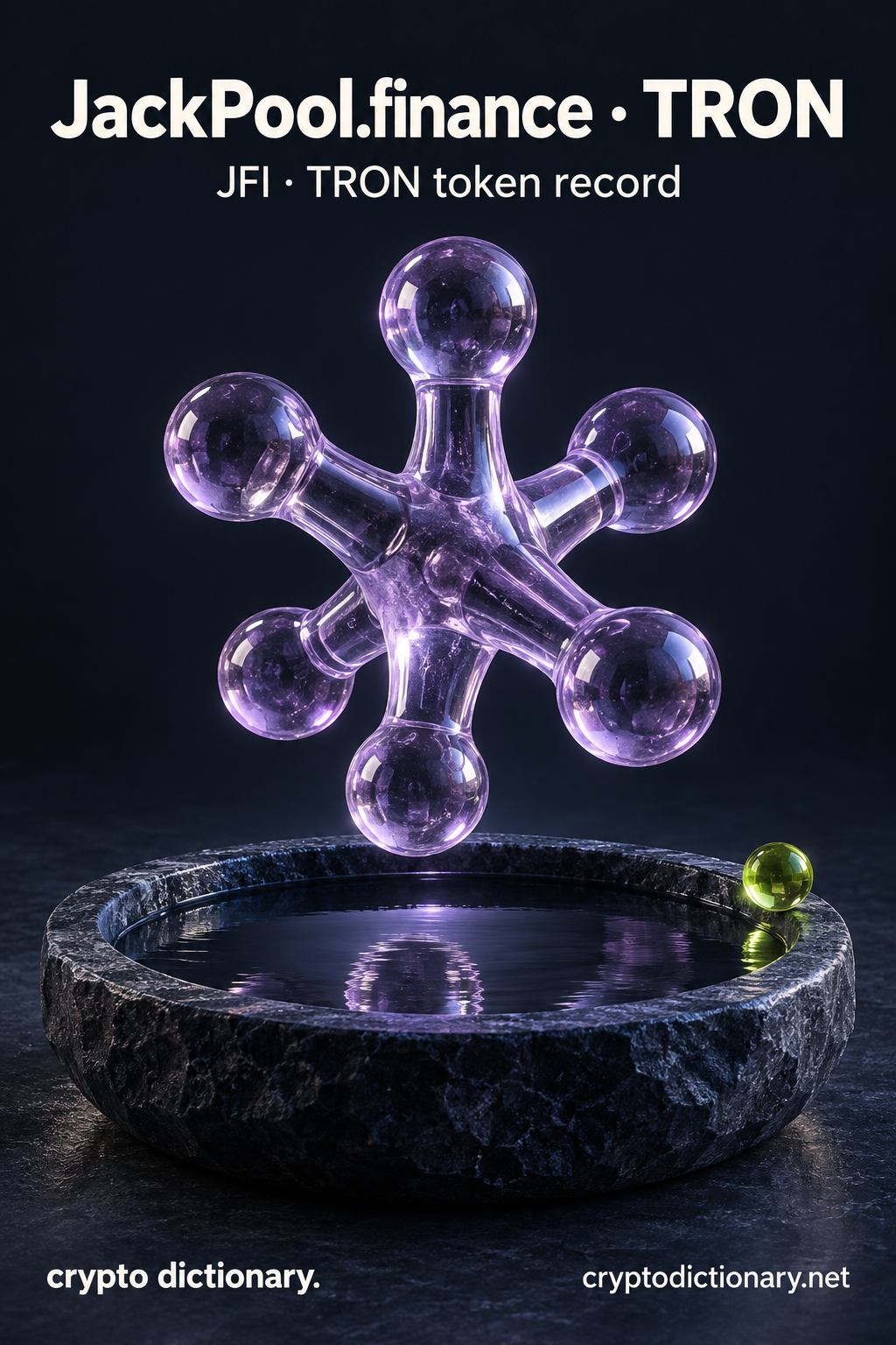 JackPool.finance · TRON — original lilac glass name-inspired sculpture with accurate JFI token record caption.
