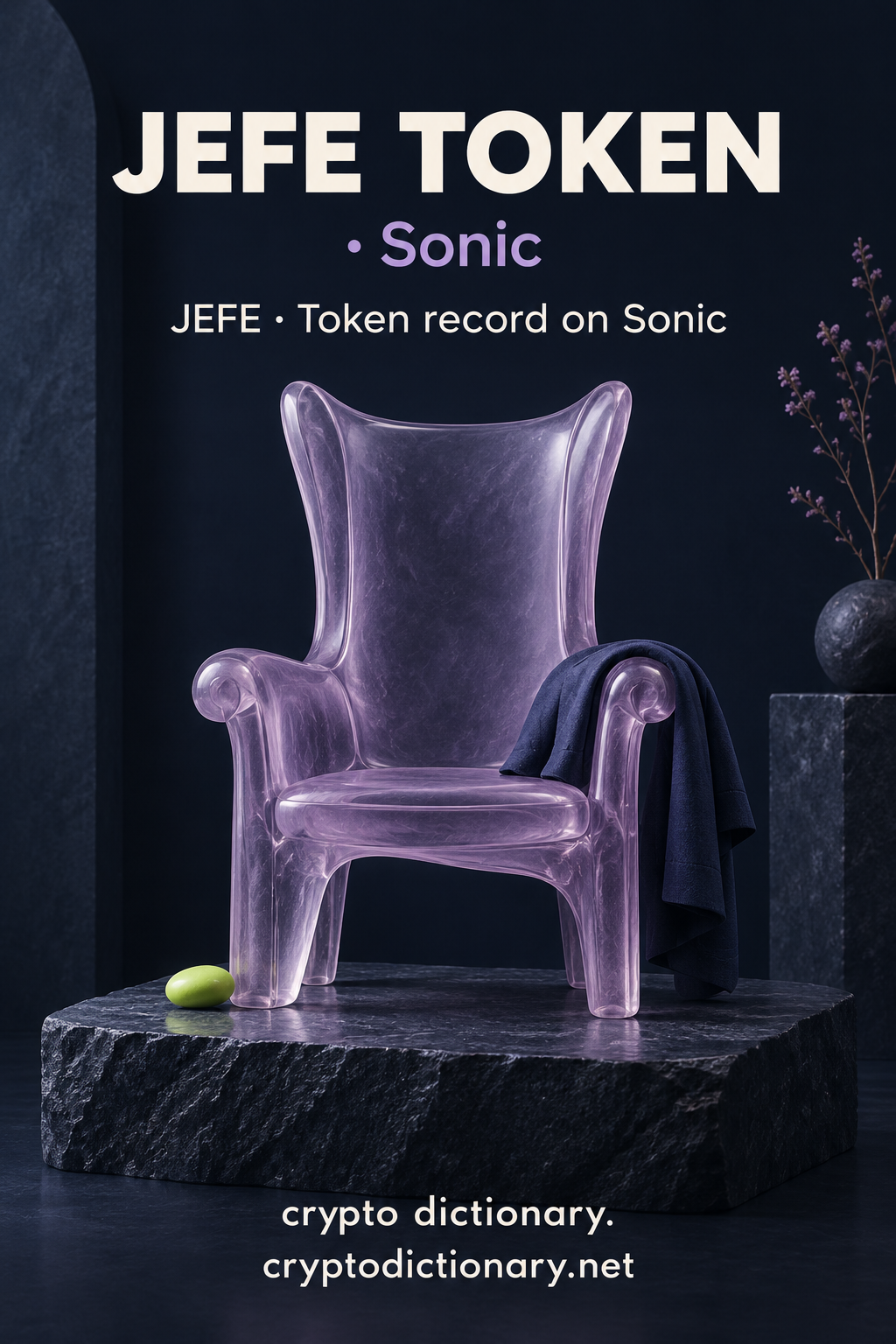 JEFE TOKEN on Sonic registry illustration with an empty lilac glass chair and plain navy drape.