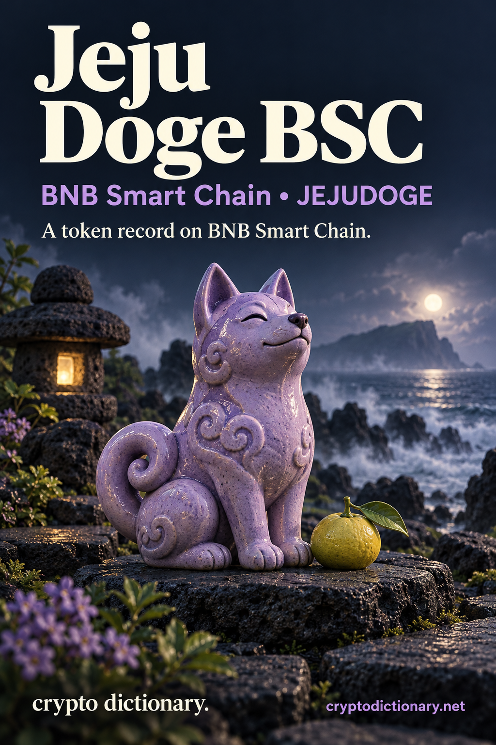 Jeju Doge BSC registry illustration on BNB Smart Chain showing an original lilac ceramic curled-tail dog seated beside a lime ceramic citrus on navy volcanic stepping stones.