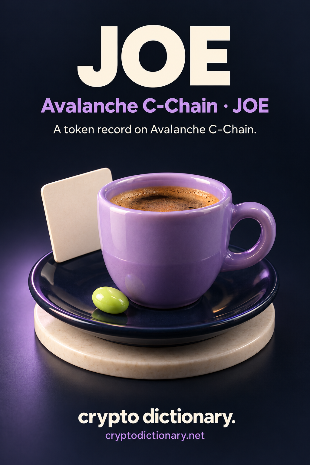 JOE on Avalanche C-Chain, ticker JOE: an unmarked lilac espresso cup and blank registry tab on a navy saucer.