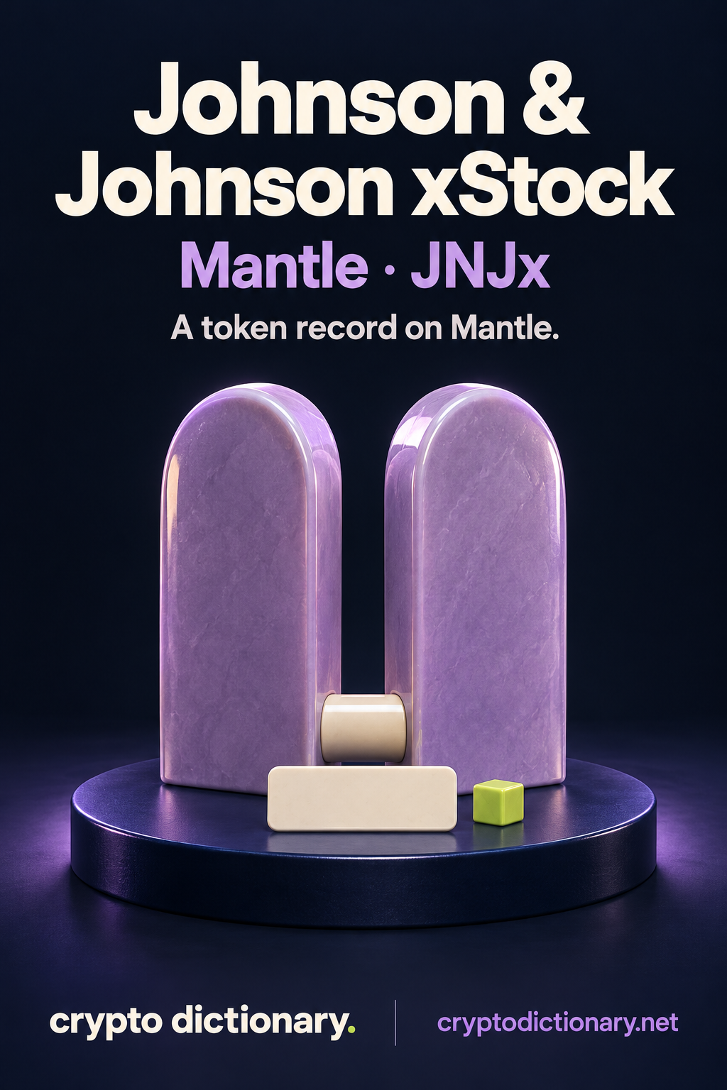 Johnson & Johnson xStock on Mantle, ticker JNJx: two blank lilac ceramic record leaves connected by an ivory catalogue spine.