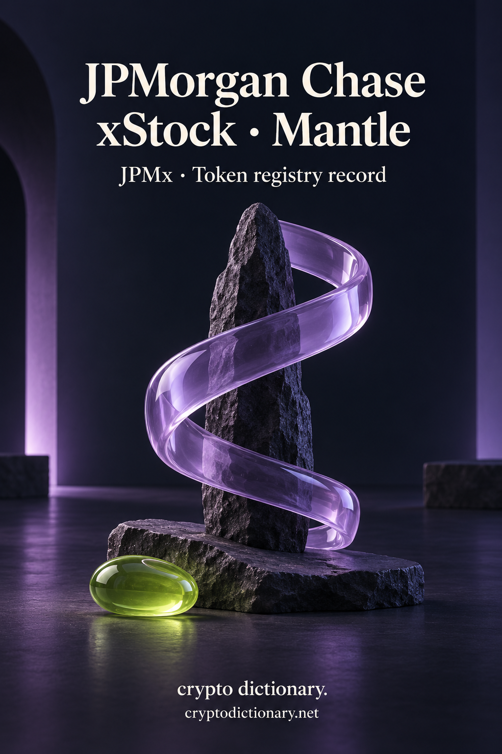 JPMorgan Chase xStock on Mantle illustrated by an original sweeping lilac glass ribbon around rough dark stone, with neutral JPMx registry caption.