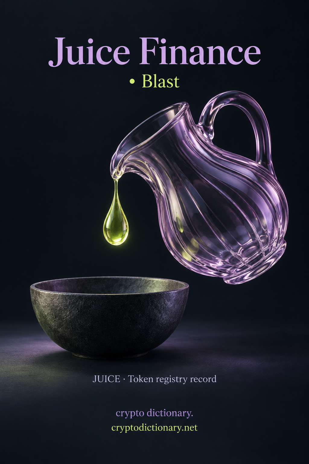 Juice Finance · Blast token registry artwork with a tilted lilac glass pitcher, lime droplet and an unlettered charcoal bowl.