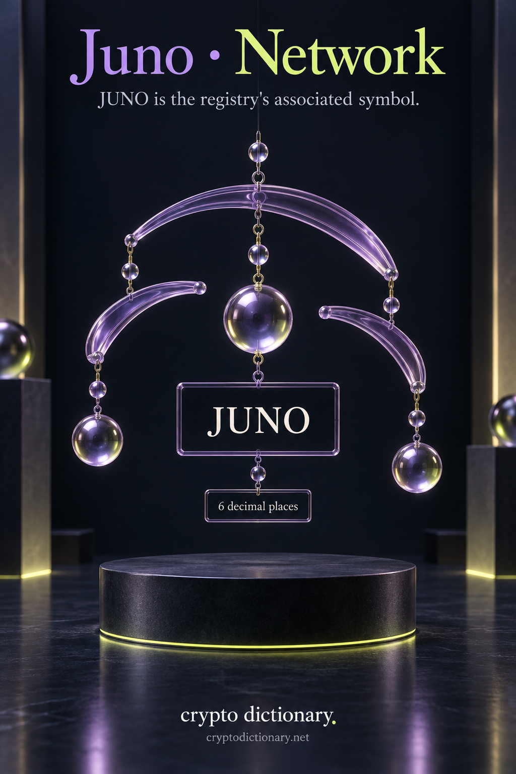 A suspended lilac glass network catalog mobile with JUNO identity and six-decimal precision card.