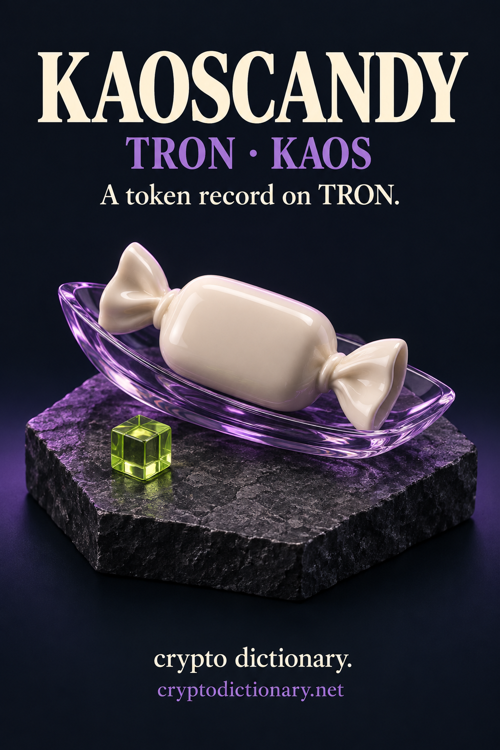 KAOSCANDY token record on TRON, illustrated by a blank ivory wrapped-candy-shaped ceramic specimen in a lilac glass display cradle.
