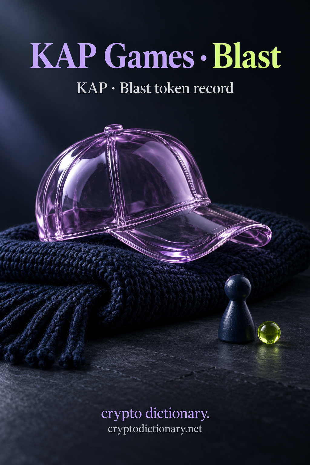 Actual original pixels inspected: KAP Games · Blast large exact heading and KAP · Blast token record accurate caption; safely inset full crypto dictionary. and cryptodictionary.net footers. Plain lilac glass cap on navy knitted scarf with separate unmarked navy pawn/lime bead is literal cap/games name art; no playable token game, project function, official logo, backing, yield or authenticity claim. Props blank, title case correct, mobile text clear. Exact full Blast contract/source identity stays binding/manifest only.