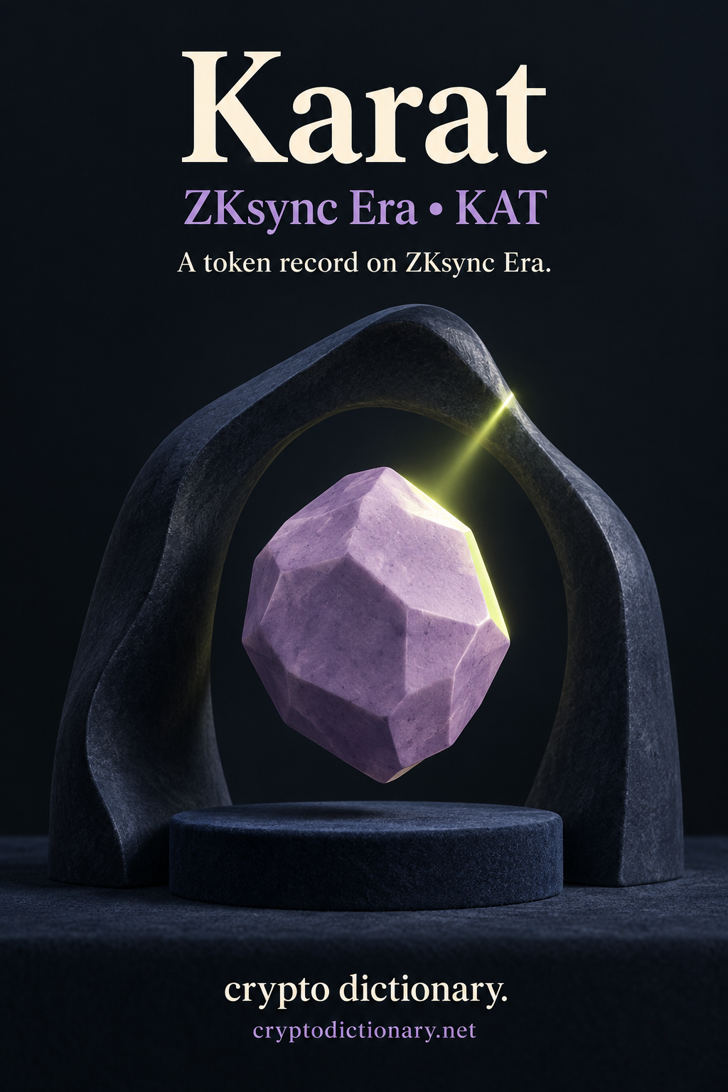 Karat token registry illustration on ZKsync Era featuring an original lilac faceted pebble in a navy sculptural frame with lime light.