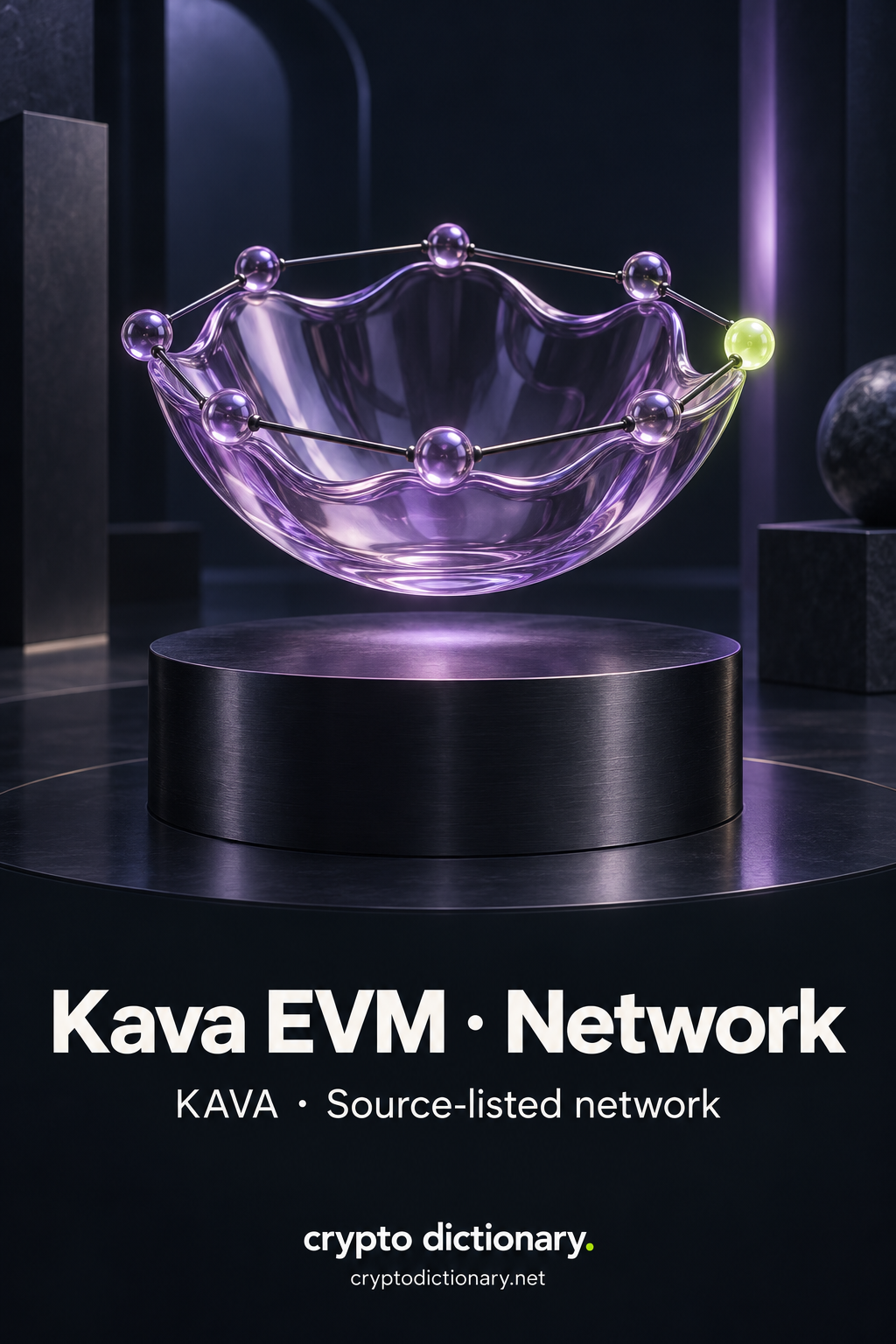 A scalloped lilac glass bowl floats above a dark pedestal, with eight connected rim beads including one lime bead.
