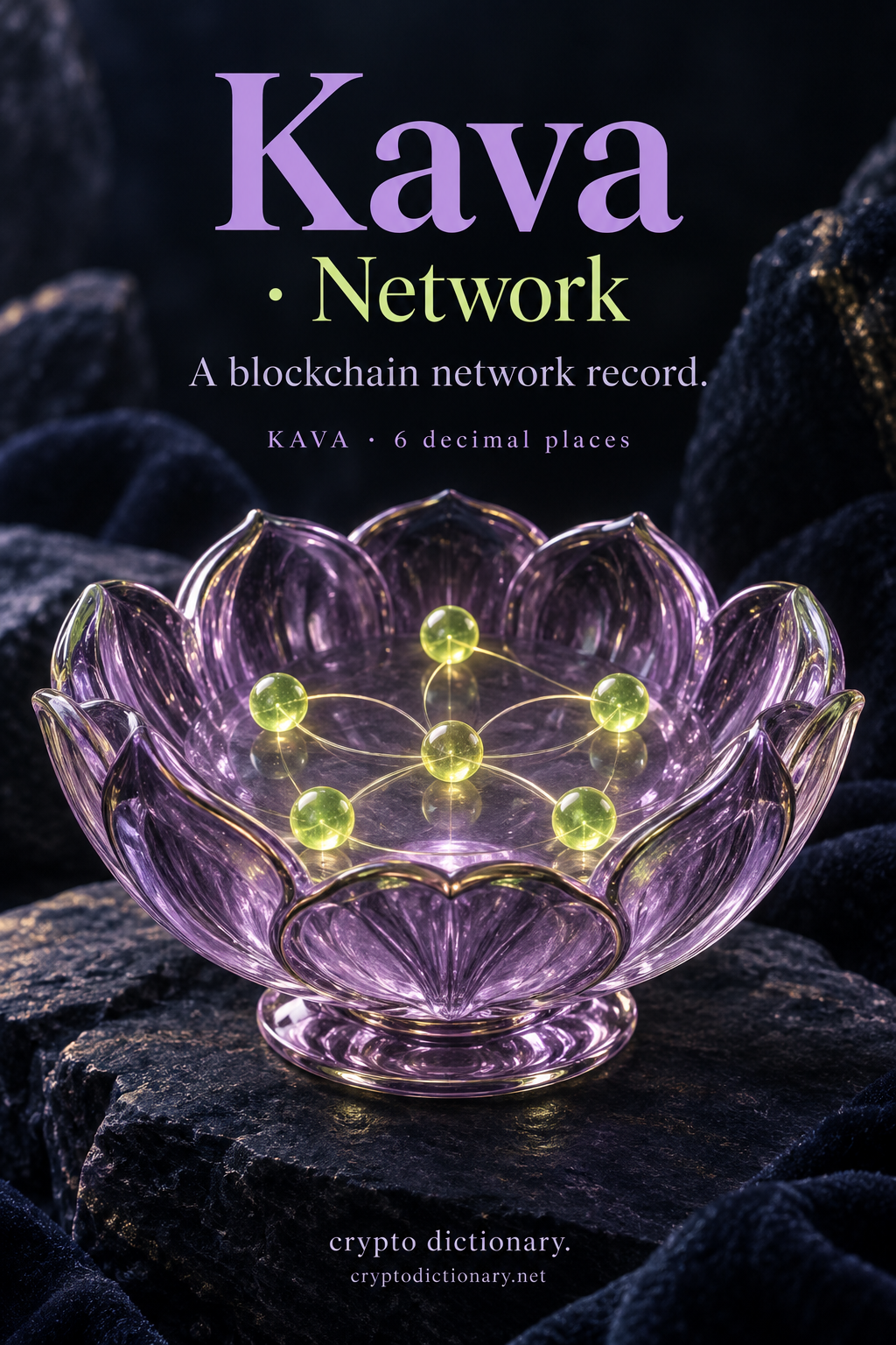 Lilac glass bowl with six connected lime beads, illustrating the Kava KAVA blockchain network record.