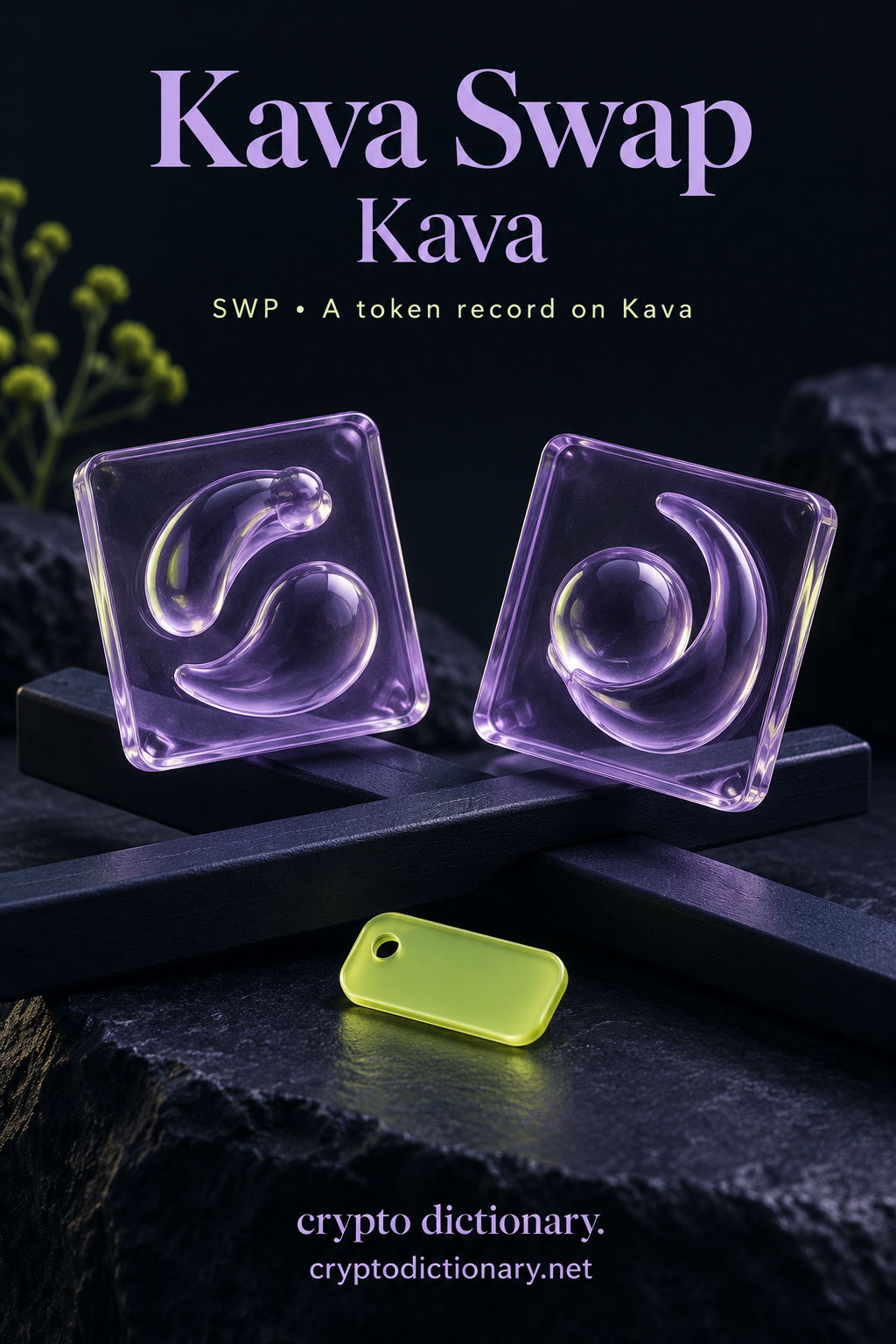 Two lilac specimen tiles on crossing navy rails illustrate the Kava Swap token record on Kava.