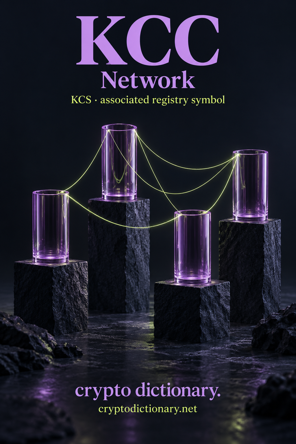KCC network: hollow lilac glass cylinders on navy plinths connected by lime thread, with KCS named as the associated registry symbol.