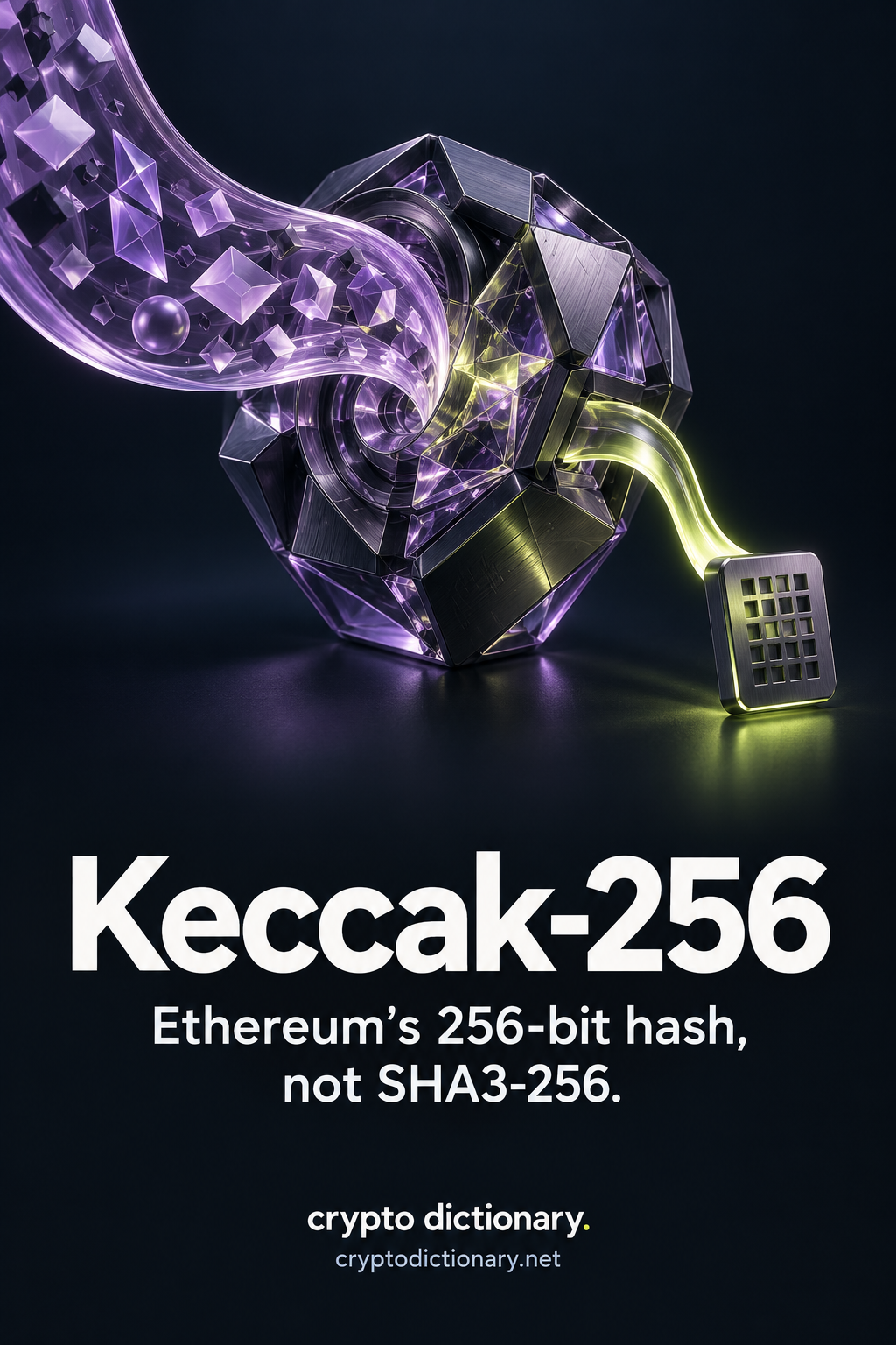 Keccak-256: irregular data fragments enter a glass mixing core and leave as a compact fixed-format fingerprint tile, with a subtitle distinguishing SHA3-256.