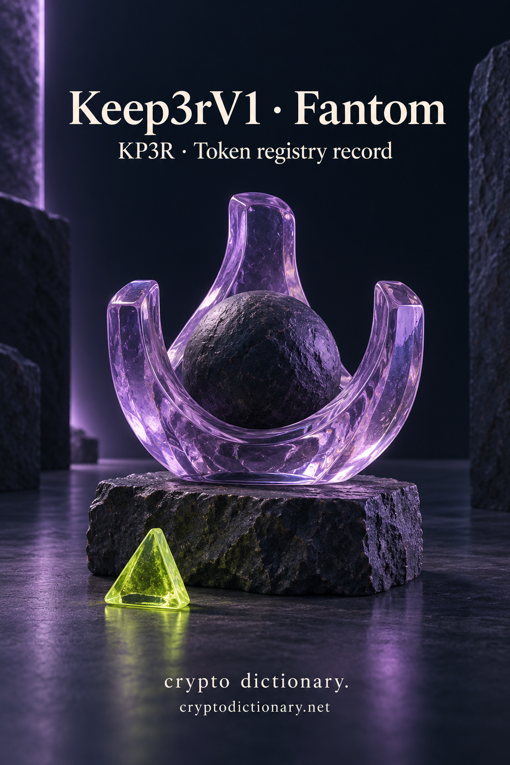 Keep3rV1 on Fantom illustrated by an original lilac glass open cradle and dark basalt sphere, with neutral KP3R registry caption.