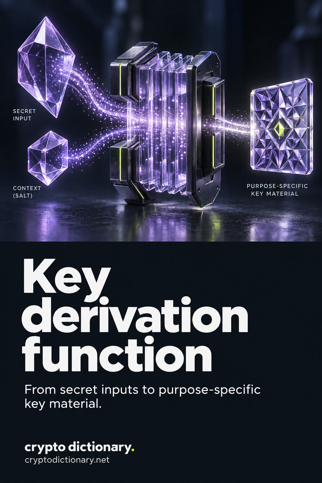 Key derivation function: secret and context inputs pass through a layered derivation chamber to form patterned purpose-specific key material.
