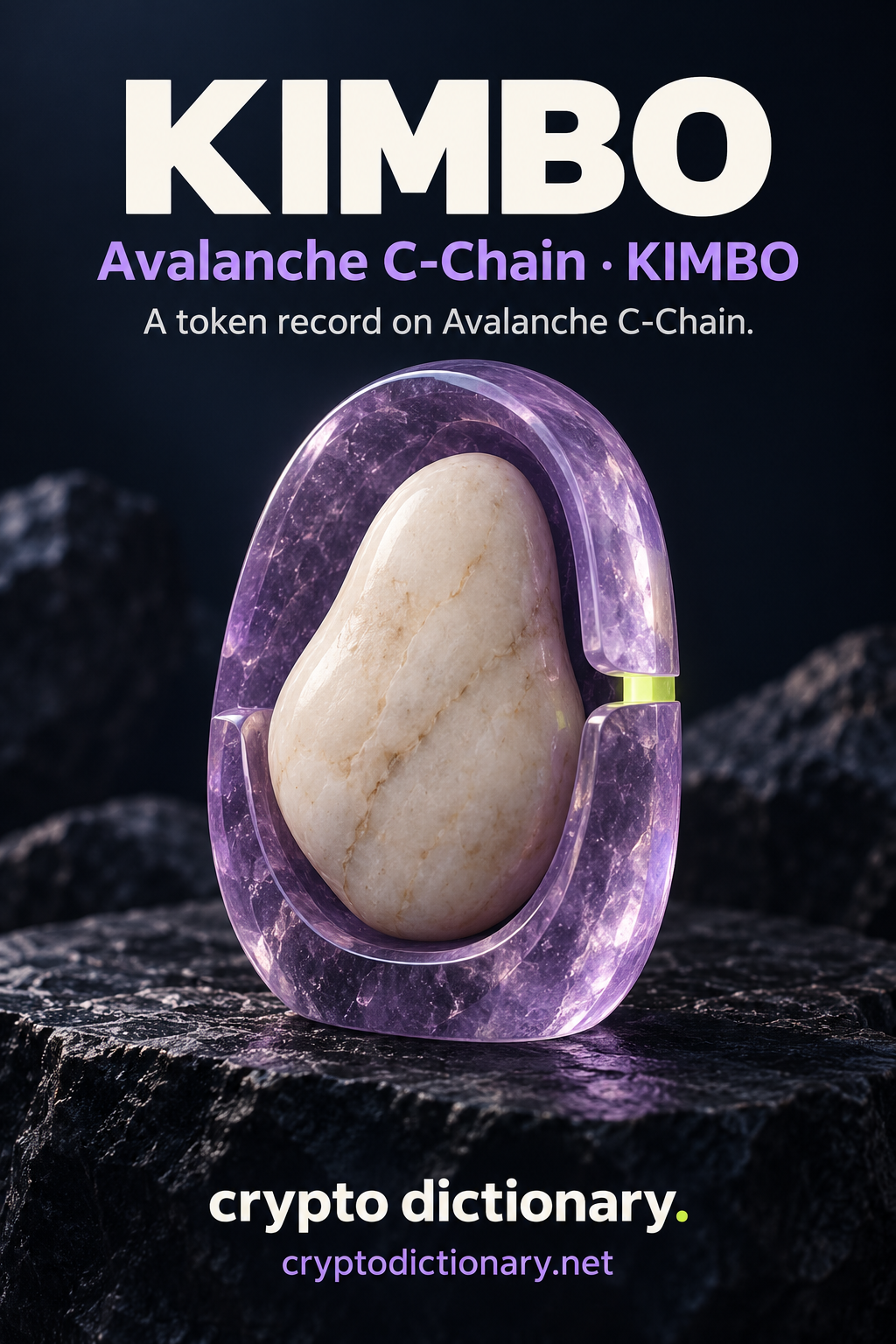 An ivory pebble fitted inside a lilac translucent cradle with a lime alignment notch, labelled KIMBO and Avalanche C-Chain.