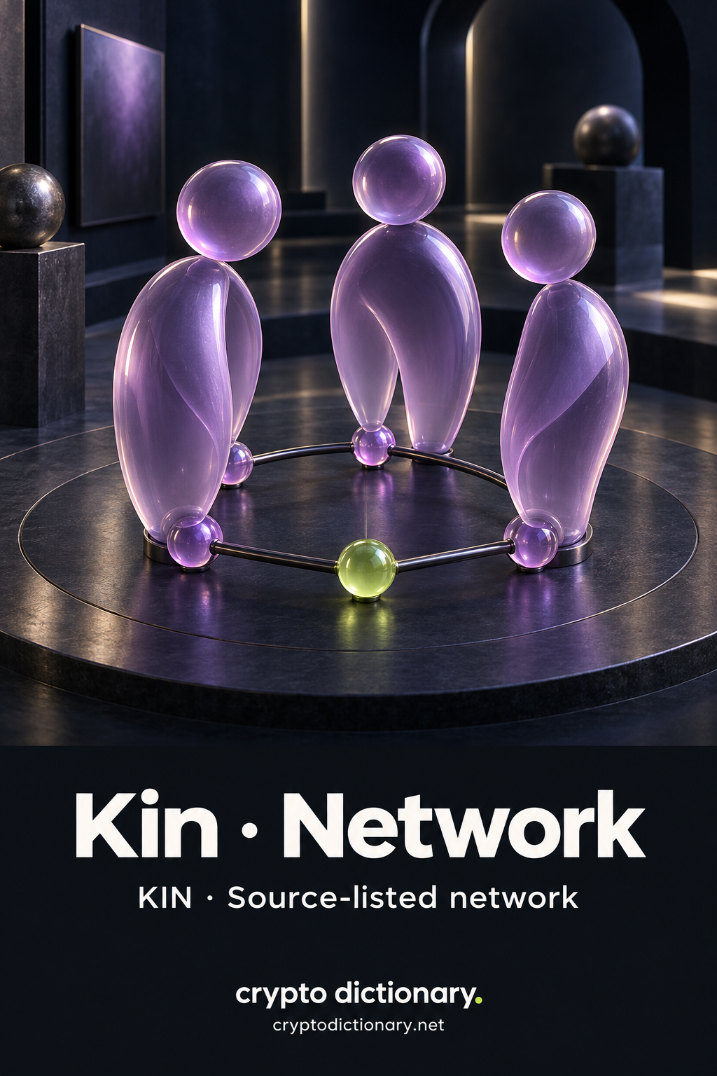 Three abstract lilac glass figures stand around a ring of linked glass beads, with one lime bead at the front.
