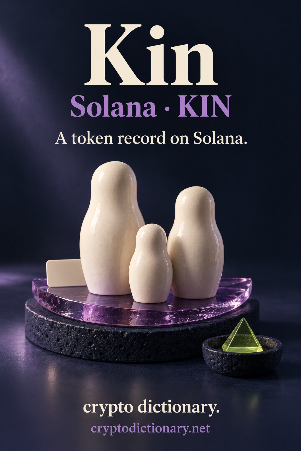 Kin on Solana: three blank ivory ceramic nesting-doll specimens in a lilac half-moon tray on a navy stone base with a lime locator, plus neutral token-record caption.