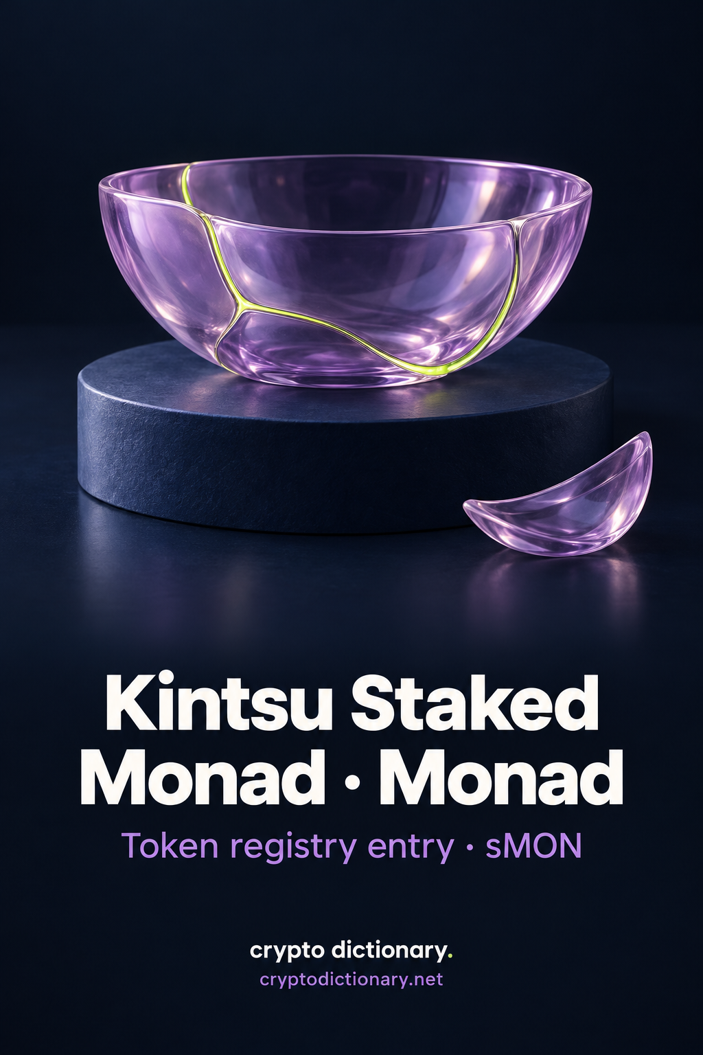 Kintsu Staked Monad registry poster with a repaired lilac glass bowl, a winding lime seam and exact sMON caption.