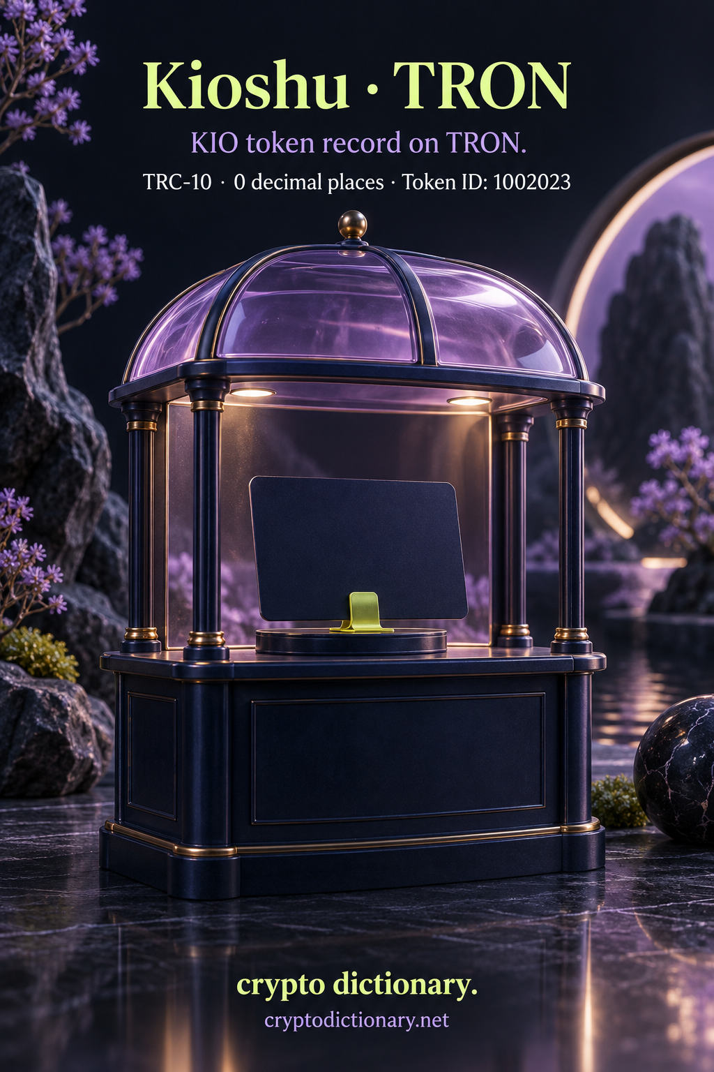 Kioshu token record on TRON with a lilac-canopied miniature registry kiosk.