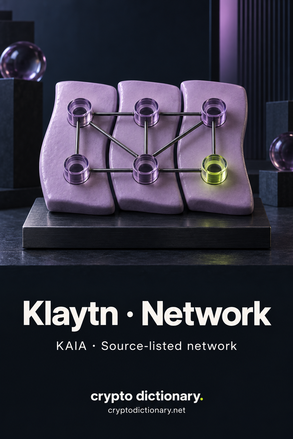 Three lilac ceramic tiles hold six linked glass sockets, including one lime socket, on a dark gallery plinth.