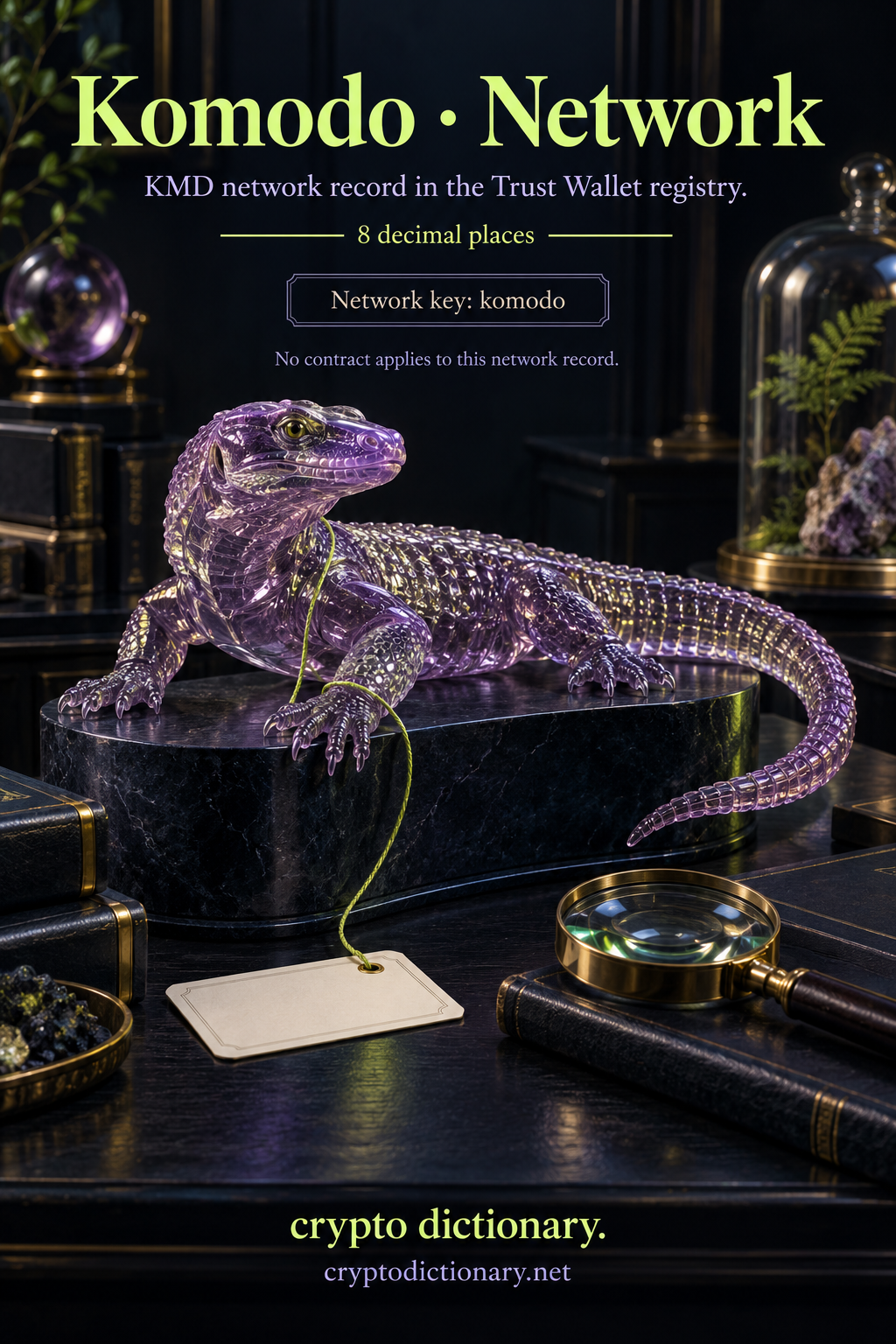 A lilac glass monitor-lizard archive specimen illustrates the Komodo network registry record with KMD symbol, komodo key and eight decimal places.