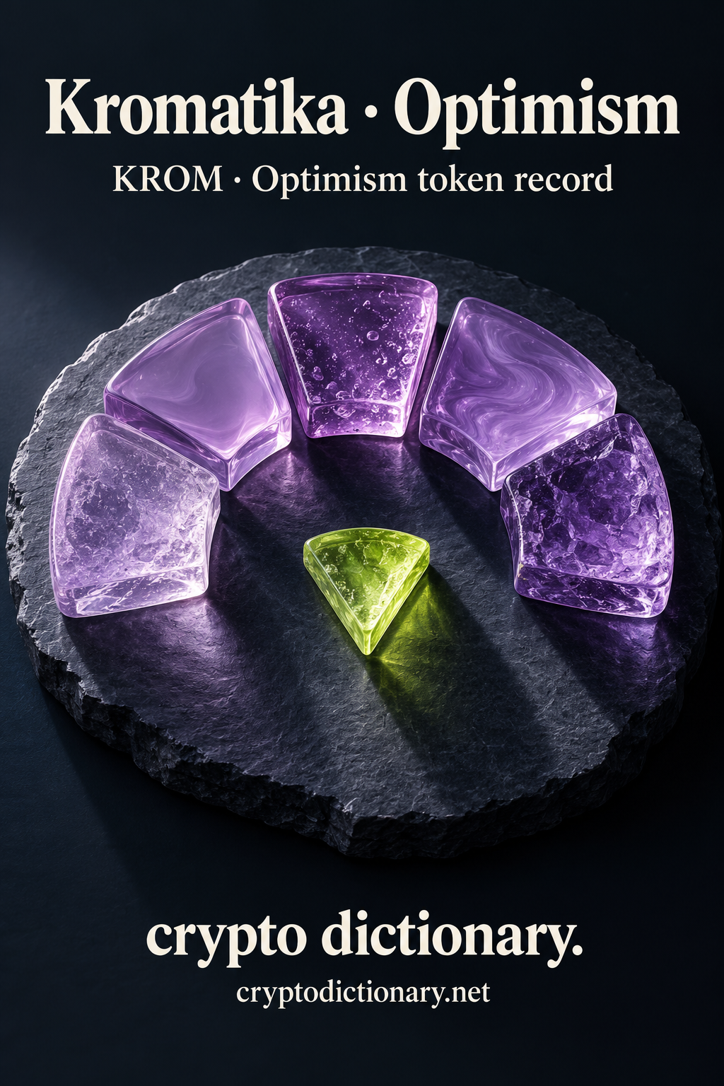 Kromatika · Optimism — original lilac glass name-inspired sculpture with accurate KROM token record caption.