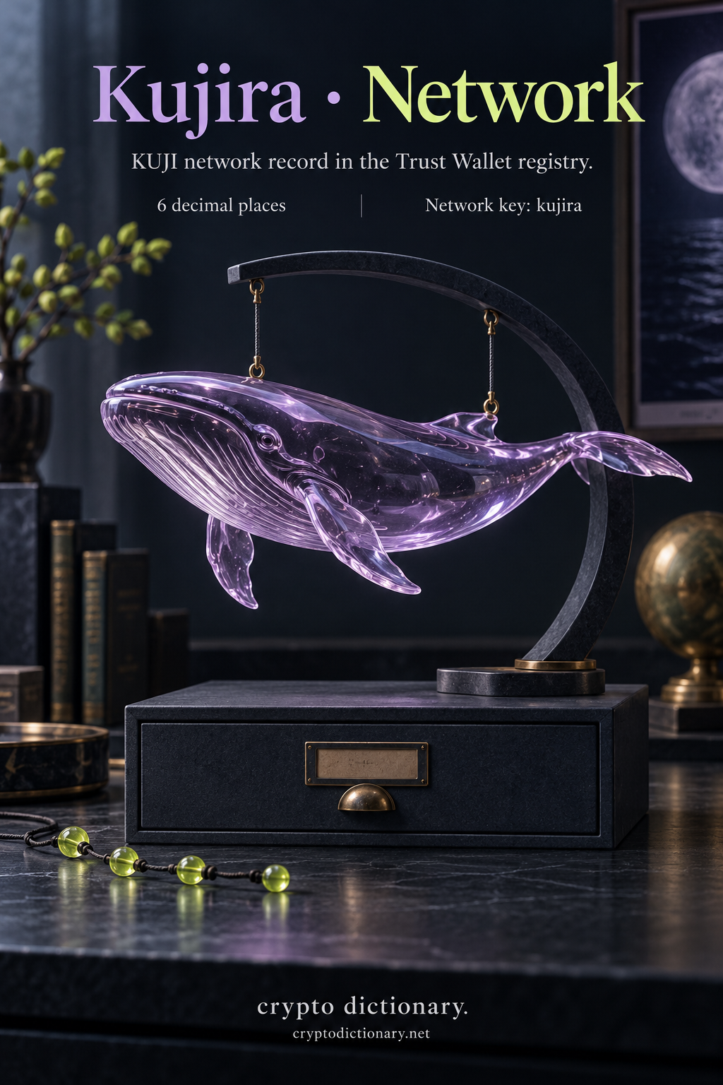 A hollow lilac glass whale suspended over a navy registry drawer illustrates Kujira's network registry entry, KUJI symbol, kujira key and six decimal places.