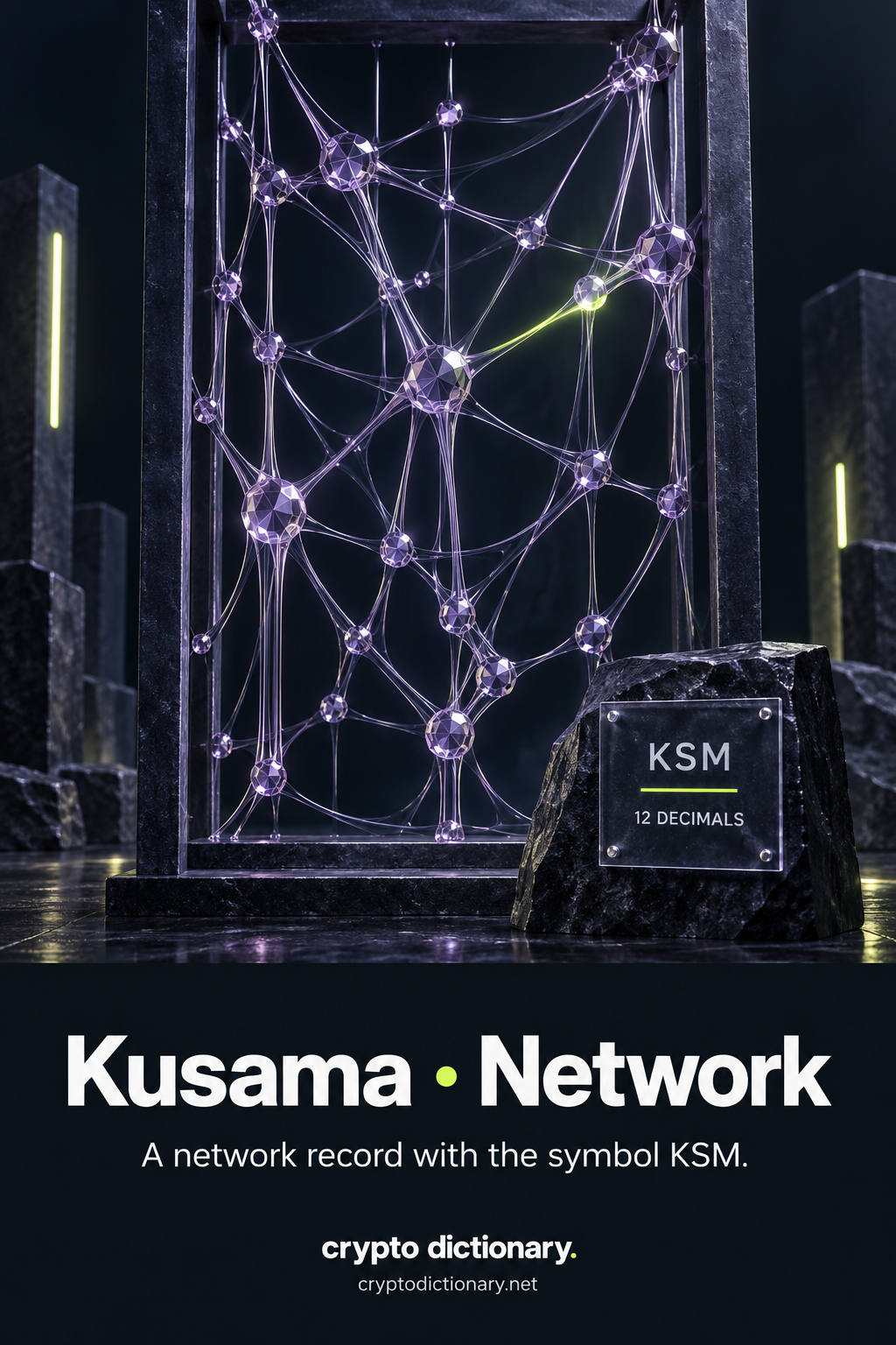A lilac node-and-filament network tapestry in a dark frame with KSM and 12 decimals source plaque.