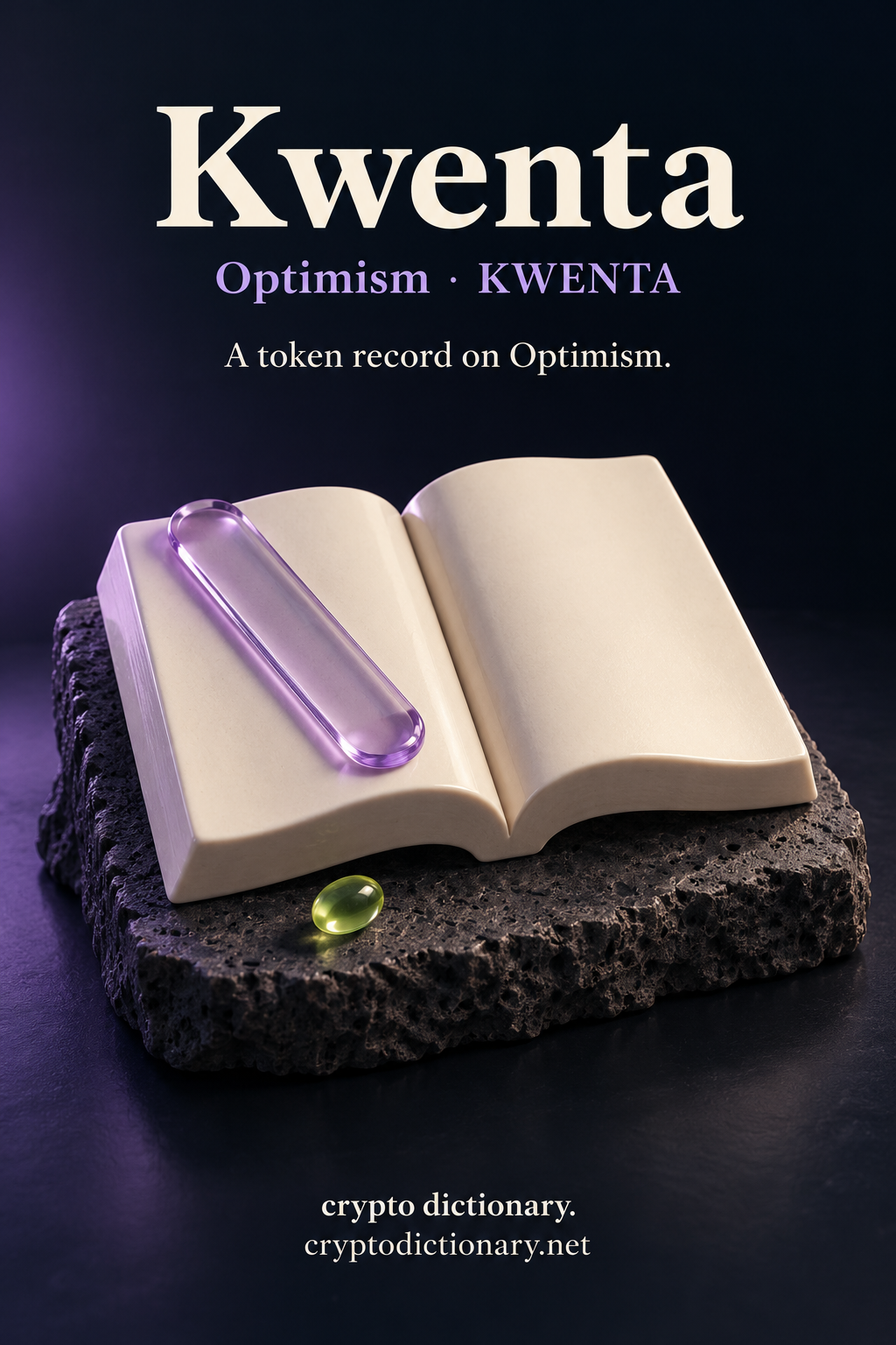 Kwenta token record on Optimism, illustrated by a blank ivory ceramic open book with a lilac glass bookmark and a small lime bead on basalt.